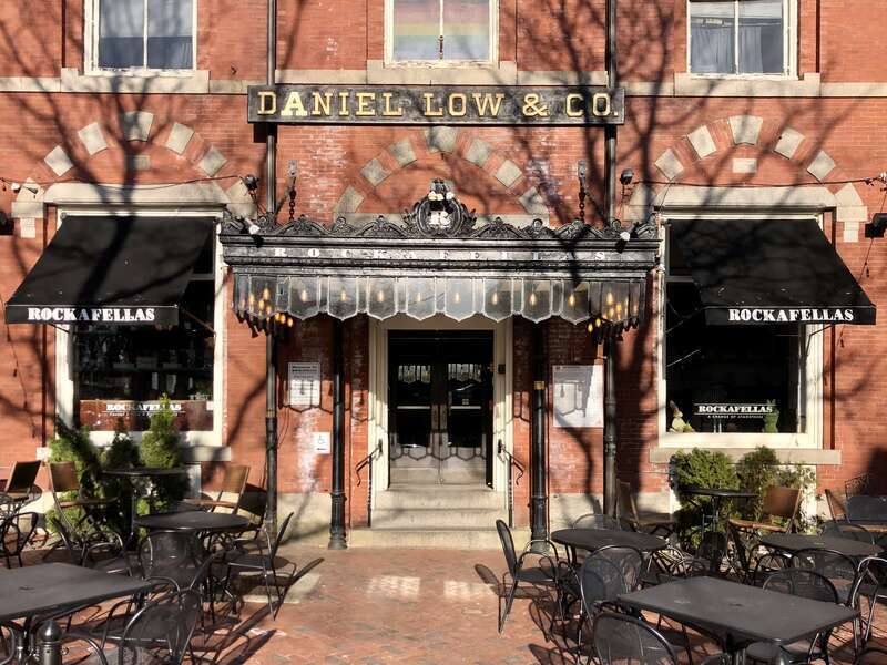 The facade of Daniel Low &amp;amp; Co., now Rockafellas bar and grill in Salem, Massachusetts