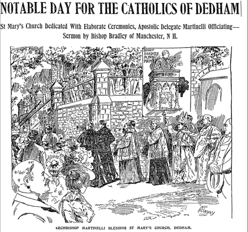 A drawing from page 7 of the September 10, 1900 issue of the Boston Daily Globe depicting the Dedication of St Mary's Church in Dedham, Massachusetts.