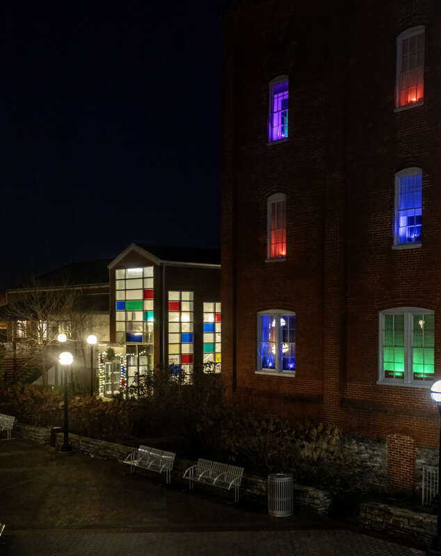 The Delaplaine Center illuminated for the holidays, Frederick, Maryland, USA