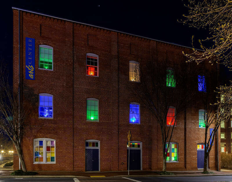 The Delaplaine Center illuminated for the holidays, Frederick, Maryland, USA