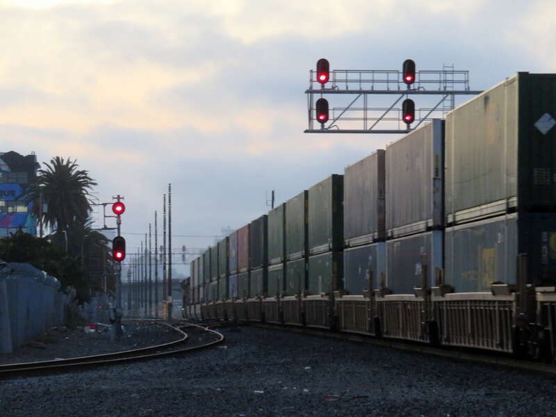 A double-stack freight train in Fruitvale in August 2020