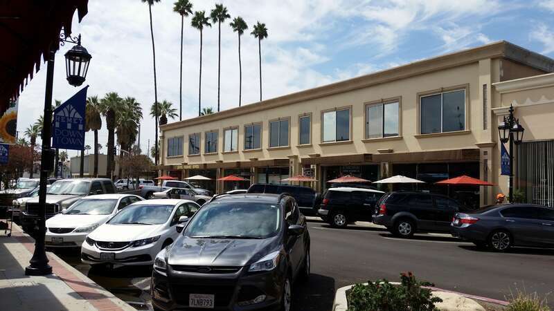 Downtown Hemet, looking south down Harvard St. Downtown Deli and Coffee Company is to the right.