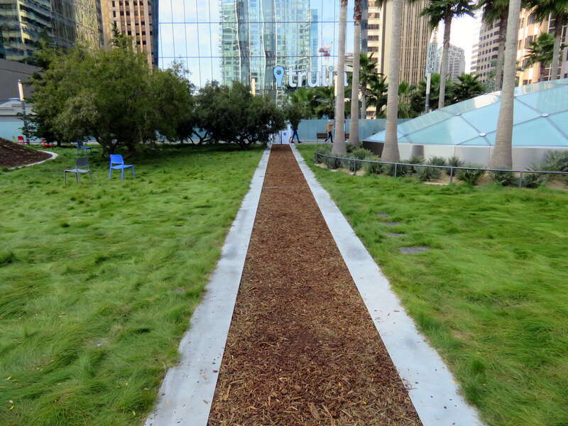 An earthquake joint - one of several which allow the structure to move as multiple sections during a major earthquake - visible on the roof of the Transbay Transit Center in August 2018