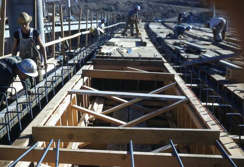 Photograph of East LA Interchange - LA River Bridge construction 1959. &quot;Winkler - T-BEAM Forms L.A. River Br.&quot;