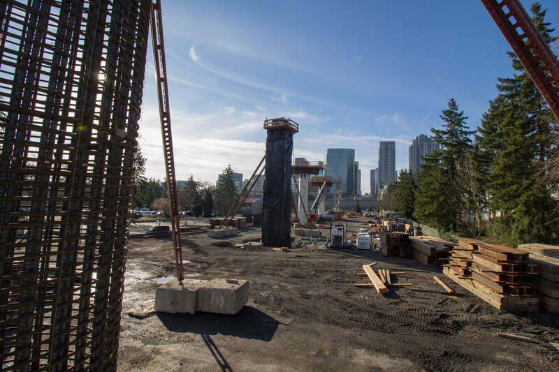 Looking west across Interstate 405 at NE 6th St where the elevated guideway will soon cross