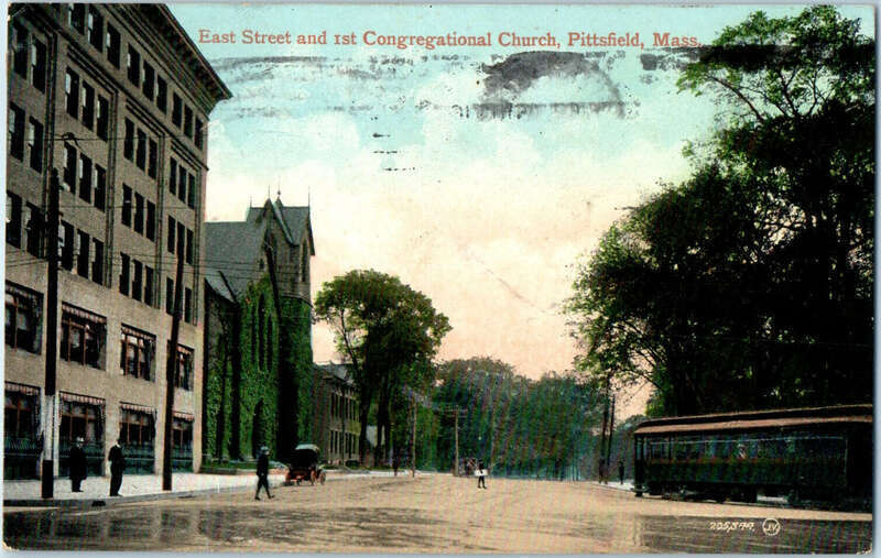 Divided back postcard of East Street and the First Congregational Church in Pittsfield, Massachusetts, postmarked 1909. The streetcar at right is a Berkshire Street Railway car; this was the line's terminal until it merged with the Pittsfield