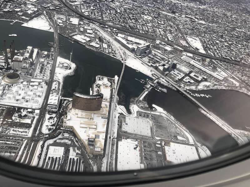 Encore Boston Harbor hotel and casino along the Mystic River. Photo taken from JetBlue flight 1883 taking off from Logan Airport. The Amelia Earhart Dam is on the right-center.
