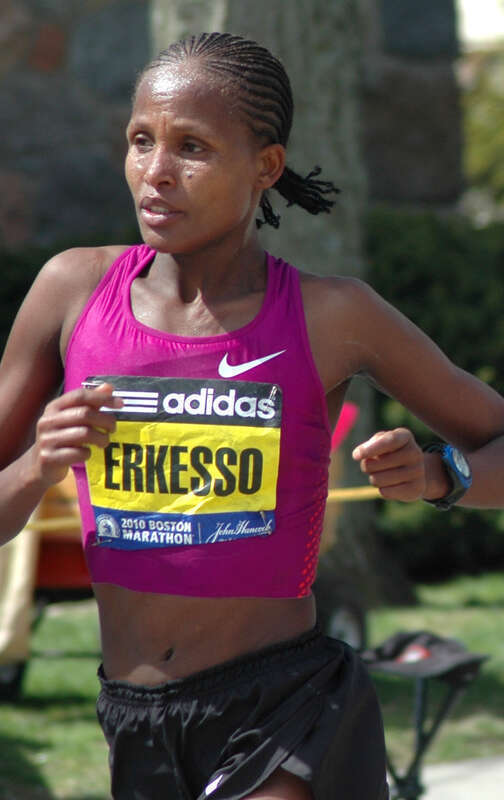 Teyba Erkesso of Ethiopia during 2010 Boston Marathon (in which she won) at half way point in Wellesley