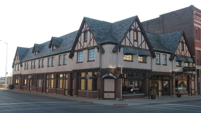 Front and eastern side of the F.D. Rose Building, located at 121 E. Charles Street in Muncie, Indiana, United States.  Built in 1926, it is listed on the National Register of Historic Places.