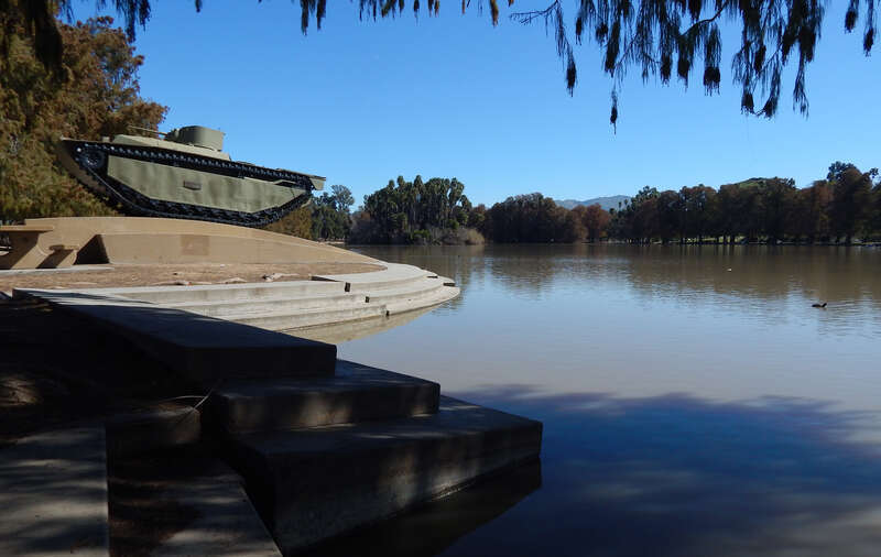 Water Buffalo Landing Vehicle Tracked Model 4 (LVT4) manufactured by Food Machinery and Chemical Corporation, installed in 1946 to celebrate Riverside's role in manufacturing the World War II vehicle