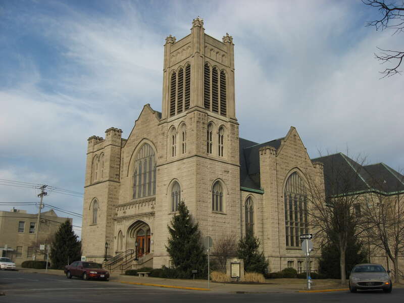Front of First United Methodist Church, located at 219 E. Fourth Street in Bloomington, Indiana, United States and built in 1909.