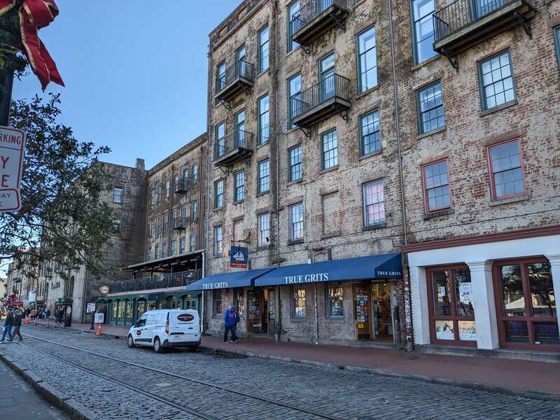 Former warehouses (now restaurants and other businesses), facing River Street on the Savannah Riverfront.