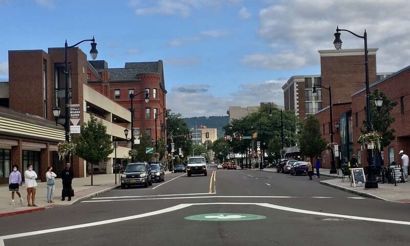 Looking southeastward down East Market Street from Public Square, Wilkes-Barre, Pennsylvania, September 2020.