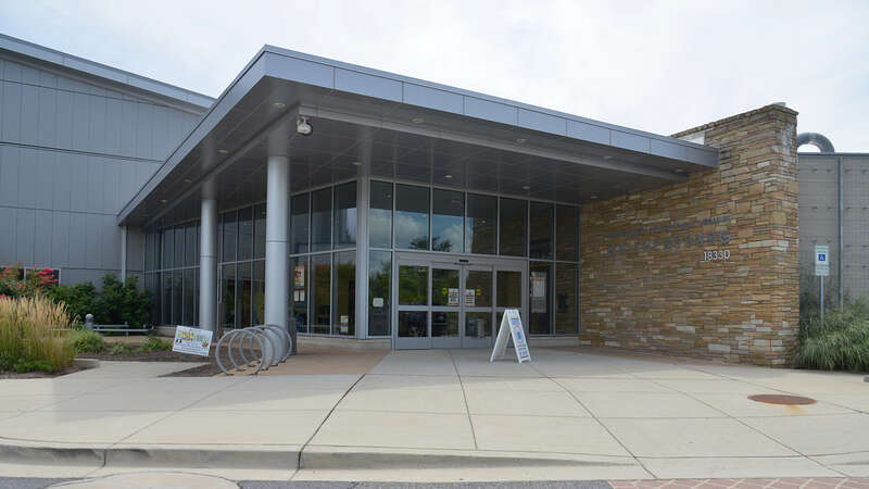 The main entrance to the Gaithersburg Library, operated by Montgomery County Public Libraries. 18330 Montgomery Village Avenue, Gaithersburg, Maryland 20879.