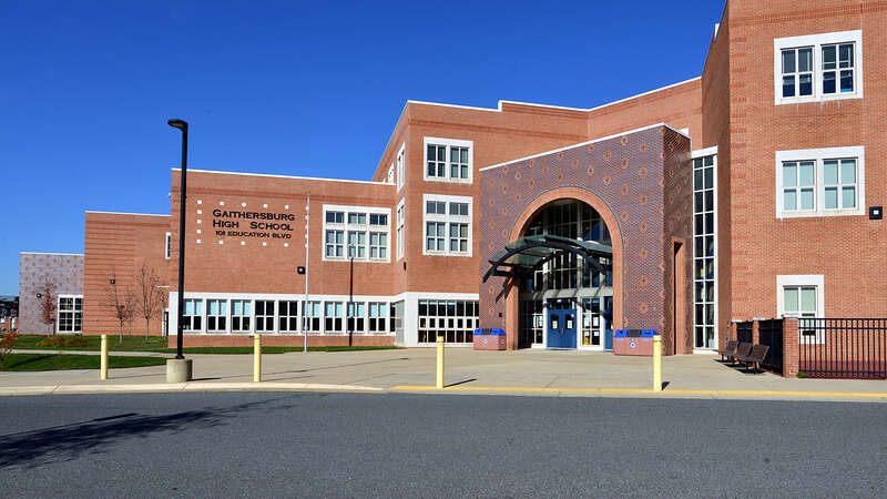 The entrance to Gaithersburg High School, 101 Education Blvd, Gaithersburg, Maryland.