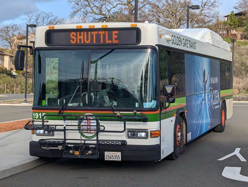 A Golden Gate Transit bus used as a replacement shuttle for the SMART train during flooding in the winter of 2023.