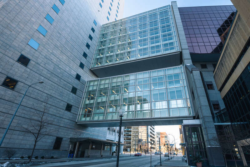 The Mayo Clinic in Rochester, Minnesota - skyways connect the Gonda Building (left) to the Charlton Building (right)