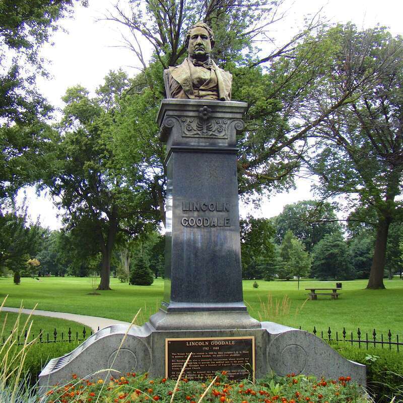 Statue of Lincoln Goodale (1782–1868) at the entrance to Goodale Park. Goodale was the first doctor to live in Columbus. He was a great benefactor to the city and his legacy includes the large parcel of land that today is known as Goodale Park.