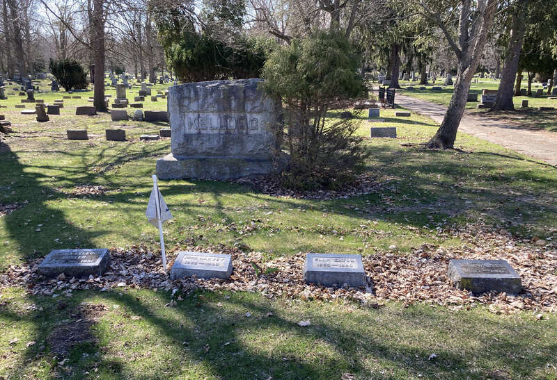 Graves of Clara Kellogg Butler (1863–1951), John Harvey Kellogg (1852–1943), Ella Eaton (1853–1920), and John William Kellogg (1883–1907) at Oak Hill Cemetery, Battle Creek
