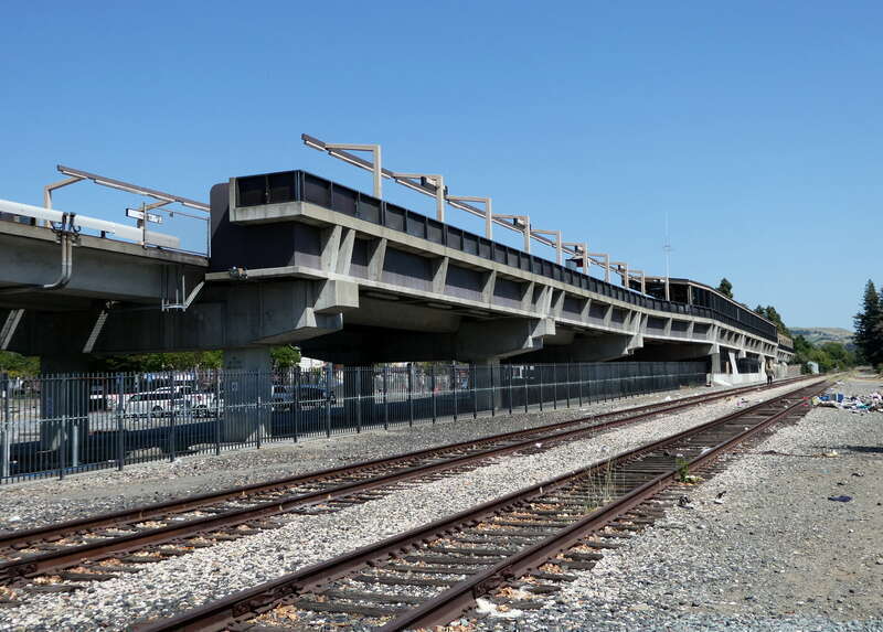 Hayward station and the adjacent Oakland Subdivision tracks in May 2024