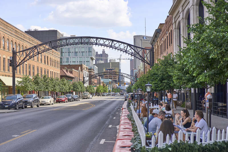 Outdoor dining on the shady side of the street. &quot;Short North&quot; near downtown Columbus Ohio