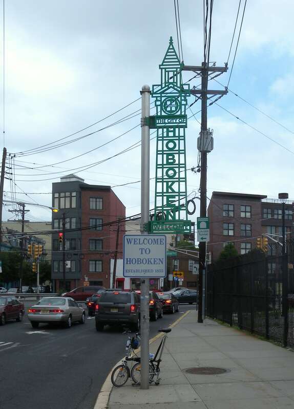 Looking north along Marin Blvd at Welcome to Hoboken on a cloudy afternoon.
