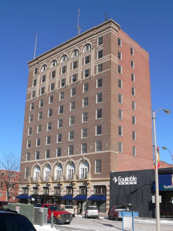 Hotel Yancey at 123 N. Locust St., Grand Island, Nebraska; seen from the northwest.  Construction on the building began in 1917.  It is listed in the National Register of Historic Places.