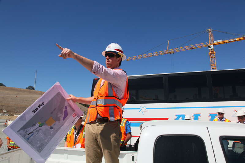 Civil engineer Jeff Wisniewski, with the U.S. Army Corps of Engineers Sacramento District, points out features of the Folsom Dam Joint Federal Project to contractors during an Industry Day event in Folsom, Calif., June 7, 2012. Wisniewski is the
