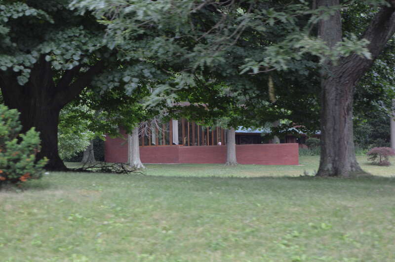 Roadside view of the John and Syd Dobkins House, located at 5120 Plain Center Road in Canton, Ohio, United States.  Built in 1954, it was designed by Frank Lloyd Wright, and it is listed on the National Register of Historic Places.