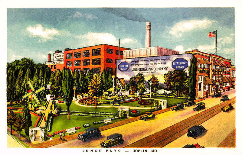 The Junge Baking Company
was founded in 1900 by August Junge.
The bakery closed down.
The park is now a memory.

Postcard from the Joplin Public Library