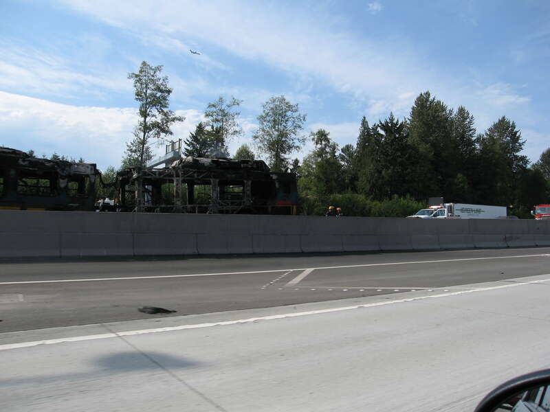This New Flyer DE60LF was designed to carry 58 passengers, however in this photo, the burned shell occupies the HOV exit ramp on I-5 at S 317th.

&amp;lt;a href=&quot;http://www.king5.com/video/index.html?nvid=273327&quot;&amp;gt;Video&amp;lt;/a&amp;gt;