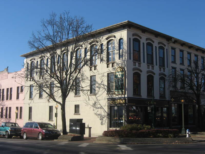 Front of the building located at 101 W. Kirkwood Avenue in downtown Bloomington, Indiana, United States.  Built in 1875, it is part of the Courthouse Square Historic District, a historic district that is listed on the National Register of Historic