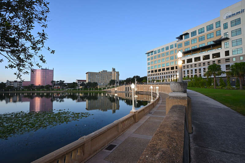 Promenade on Lake Mirror in Lakeland Florida a few minutes before sunrise.
