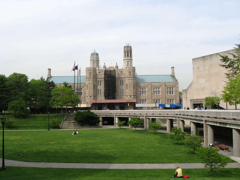 Looking north at plaza and en:Lehman College Music Building on a cloudy afternoon.