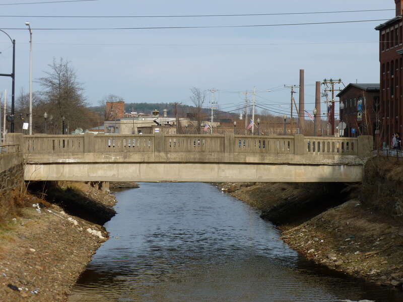 Detailed view of the west side of Lucchesi Memorial Bridge, located at the intersection of Canal Street and Union Street in Lawrence, Massachusetts.  The bridge is Union Street's crossing over North Canal.