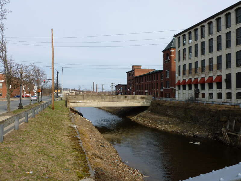 West side of Lucchesi Memorial Bridge, located at the intersection of Canal Street and Union Street in Lawrence, Massachusetts.  The bridge is Union Street's crossing over North Canal.