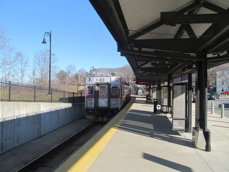 MBTA cab car #1712 tails on an outbound train at East Braintree/Weymouth Landing station in January 2017