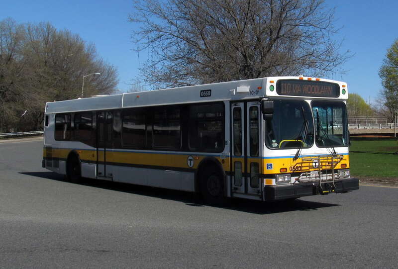 MBTA route 110 bus at Sweetser Circle in Everett in April 2017