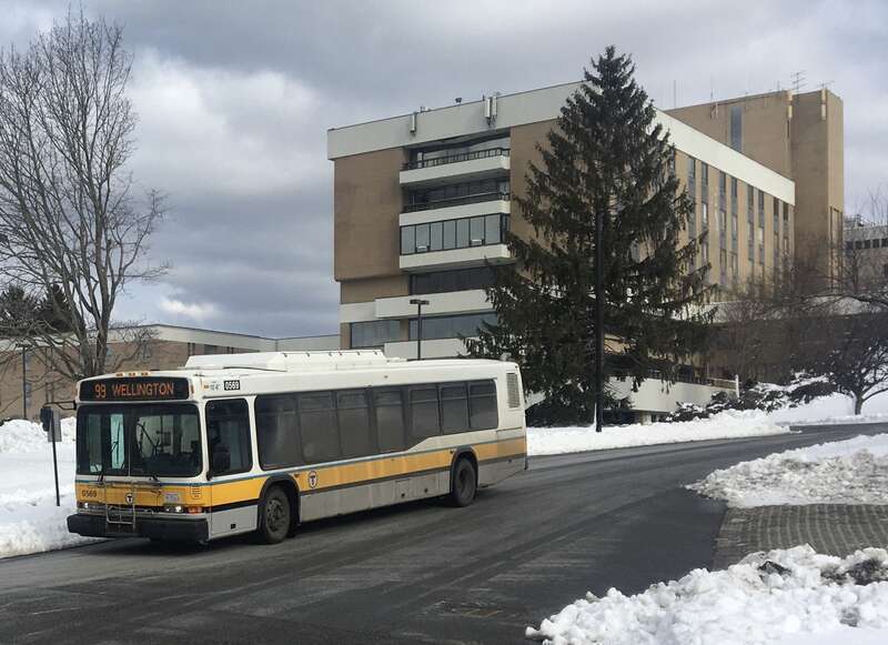 MBTA route 99 bus at Boston Regional Medical Center in February 2021