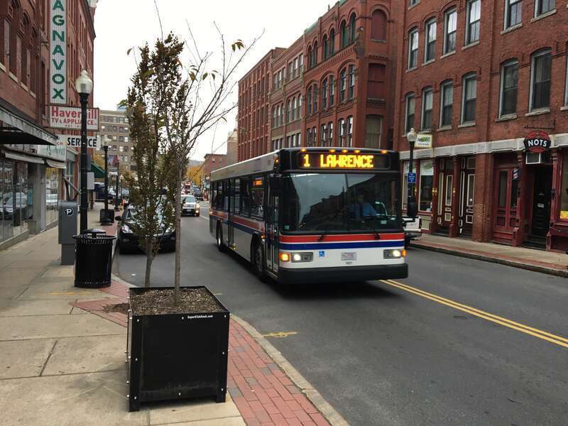 MVRTA route 1 bus on Merrimack Street in Haverhill in November 2017