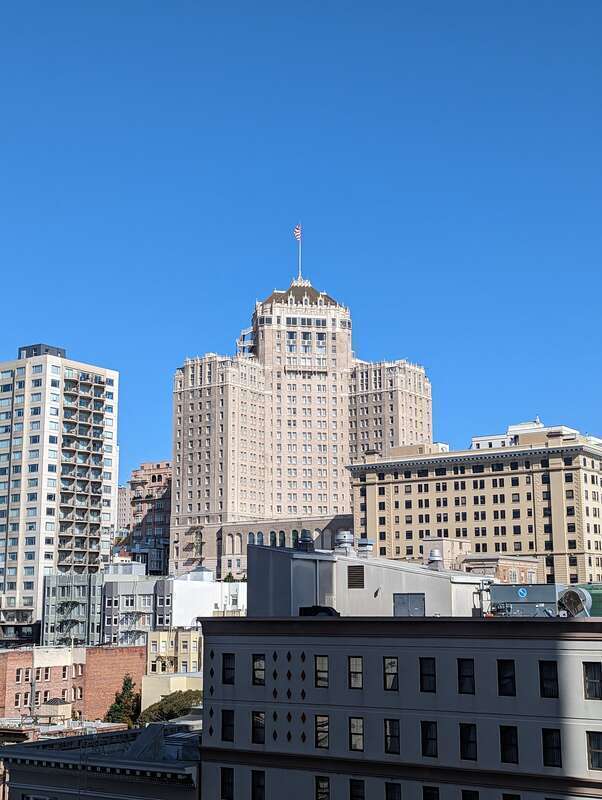 Mark Hopkins Hotel (center) seen in the skyline of San Francisco from 450 Sutter Street.