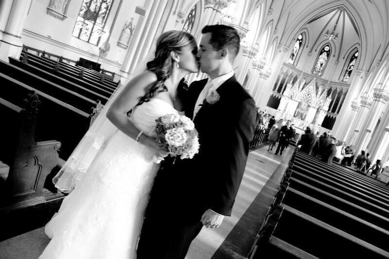 Married Couple Kiss in St. Mary's Church in Dedham, MA