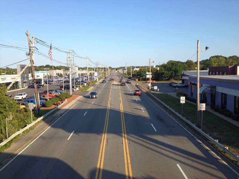 Looking southeast over Route 114 from a railroad bridge in Danvers.
