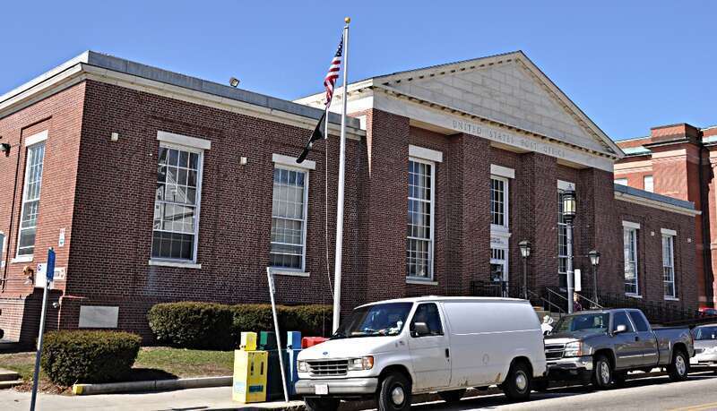 A photograph of the historic main post office in Medford, Massachusetts.