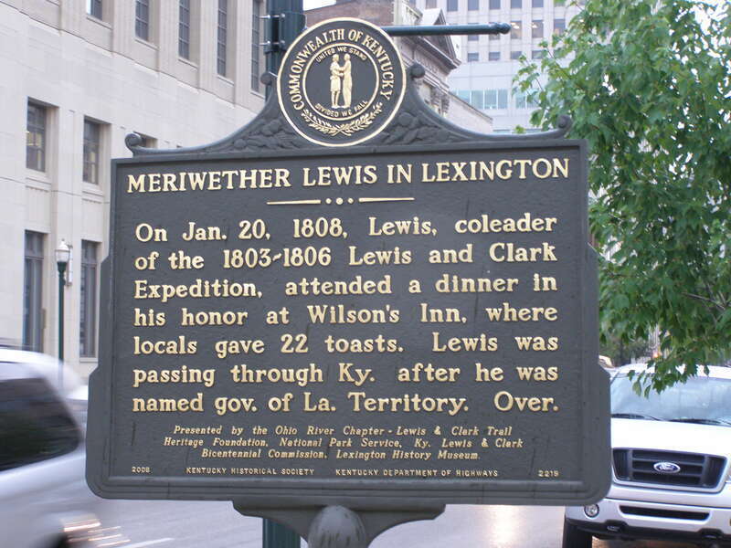 Meriwether Lewis in Lexington
On Jan. 20, 1808, Lewis, co leader of the 1803-1806 Lewis and Clark Expedition, attended a dinner in his honor at Wilson's Inn, where locals gave 22 toasts.  Lewis was passing through Ky. after he was named gov. of La.