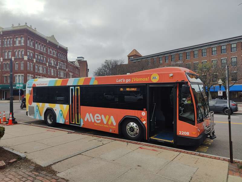 Merrimack Valley Transit bus route 15 at the Washington Square Transit Station, Haverhill Massachusetts in October 2023
