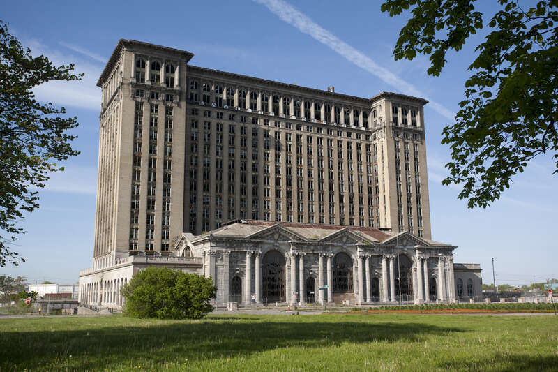 The abandoned Michigan Central Train Station, as seen from Roosevelt Park in Detroit. Note the &quot;Save the Depot&quot; sign on the top of the building.