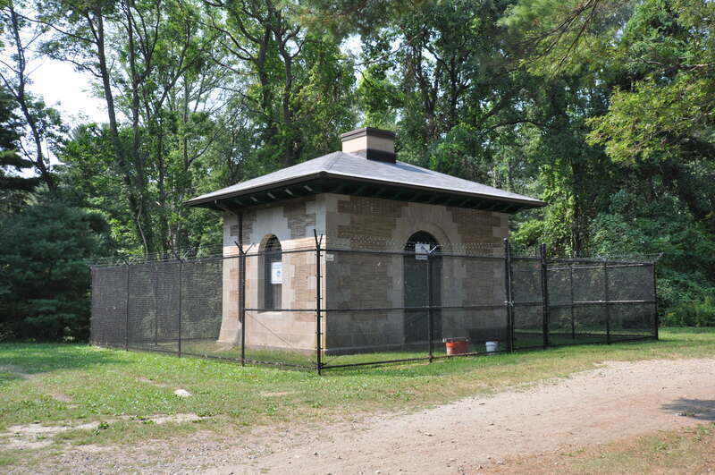Old pumphouse at the southern end of Spot Pond in the Middlesex Fells Reservoirs Historic District, Middlesex Fells Reservation, Medford, Massachusetts.