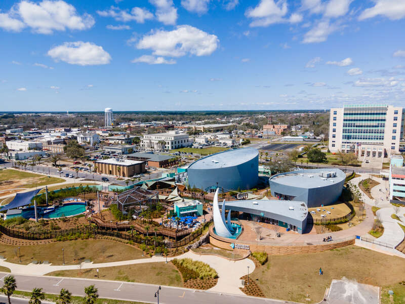 An aerial view of the exterior campus of the Mississippi Aquarium located in Gulfport, Mississippi.