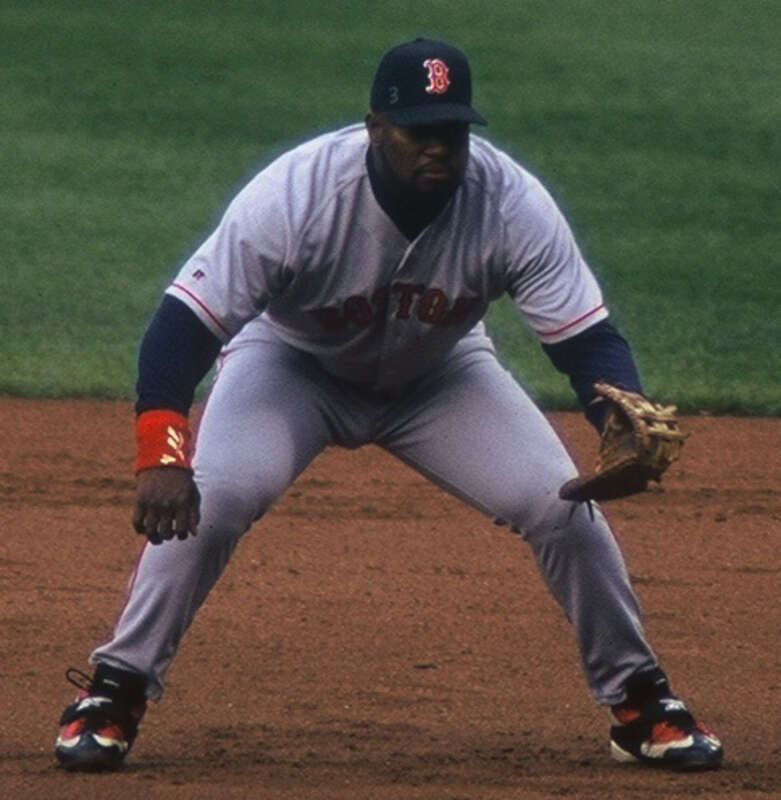 Mo Vaughn playing first base for the Boston Red Sox at Tiger Stadium on an unknown date in 1998, probably April 21.